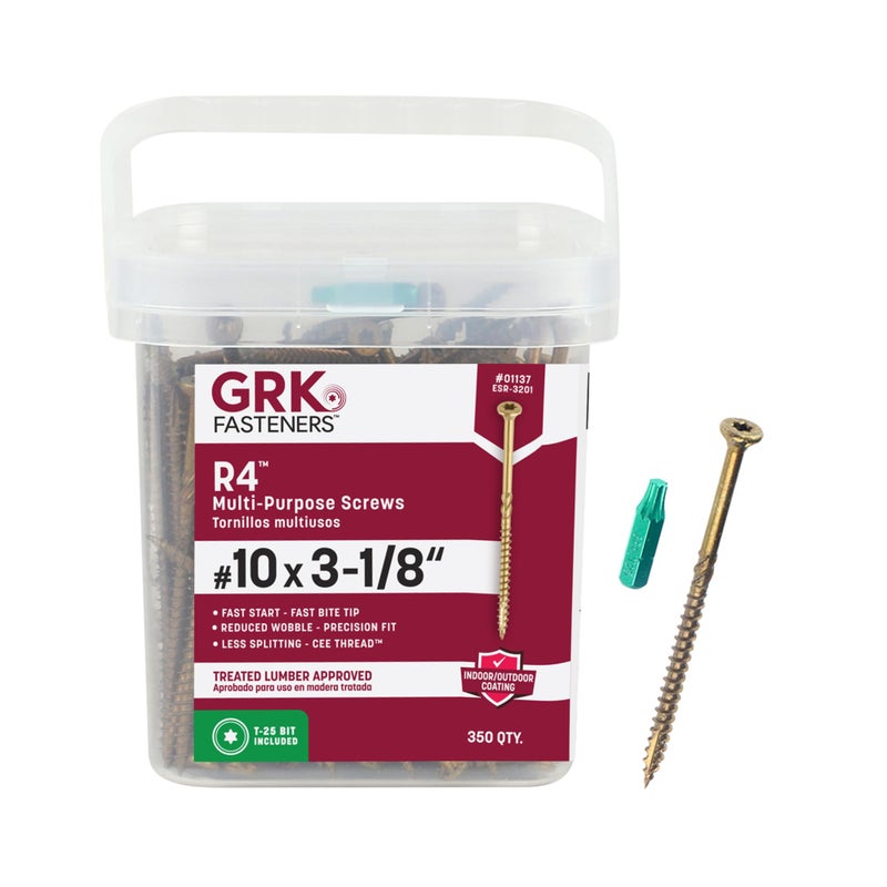 GRK Fasteners R4â„¢ #10 x 3-1/8 Inch, Multi-Purpose Framing Screws, 350 PCS, Rust Resistant Climatekâ„¢ Coating, Outdoor Fencing and Deck Screws, Fast Bite Tip, Star Drive Recess, T-25 Bit Included, Gold - Image 1